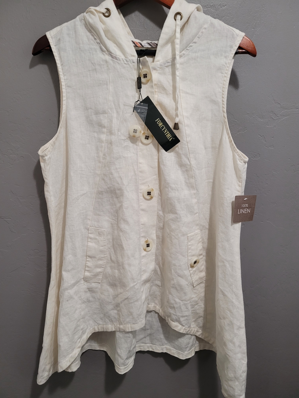 For Cynthia Cream Hooded Sleeveless Linen Button-Down Top